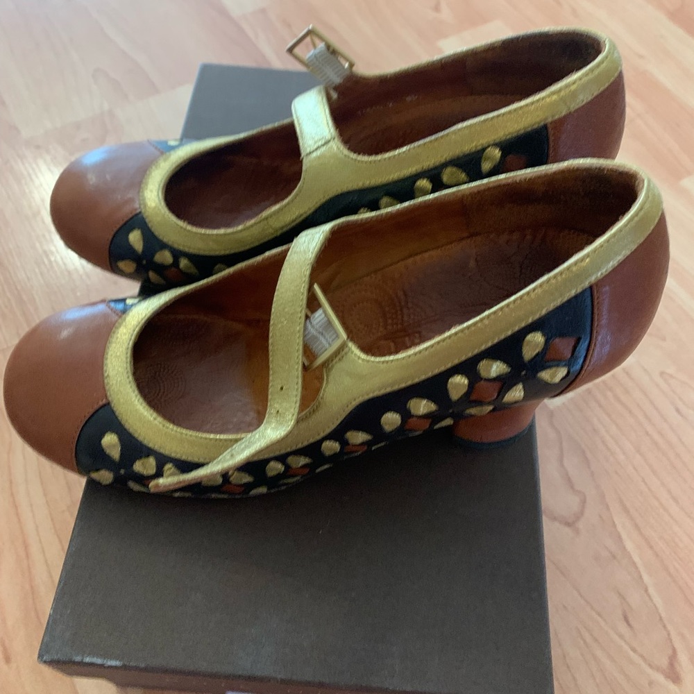 Chie Mihara gold laser cut out Mary Jane heels